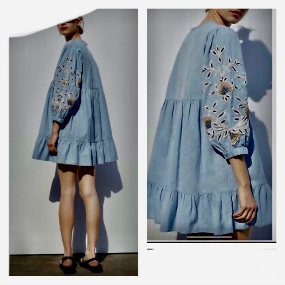 ZARA Embroidered Linen Blend Dress Size S